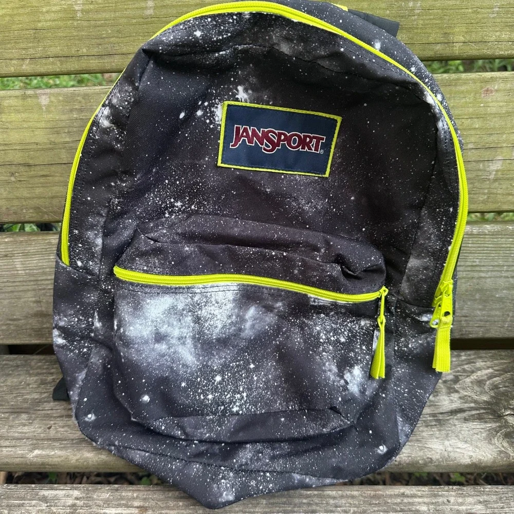 Jansport SuperBreak Backpack Black Galaxy Space Print Neon Green Accents Classic